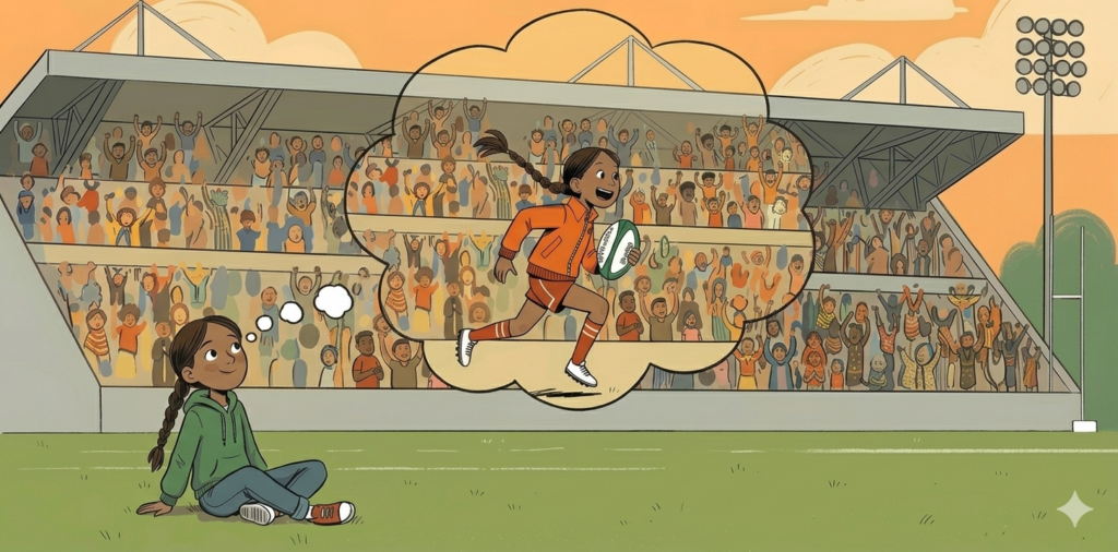 Gemini AI generated image of a girl sitting on a field, with a stadium full of people in the background. Thought bubble is coming out of her head, with an image of the girl running down the field with a rugby ball in her hand.